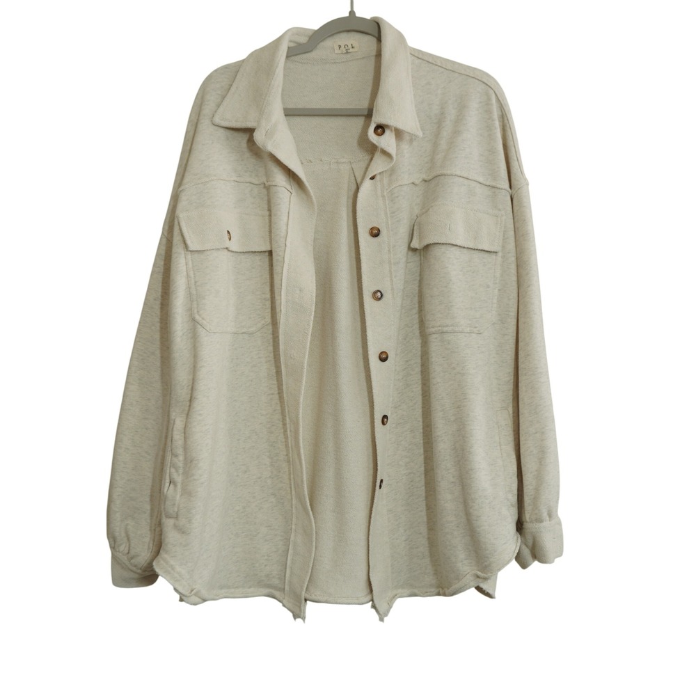 POL Size Large Cream Shacket French Terry Oversized Button Down Fall‎ Cozy Layer